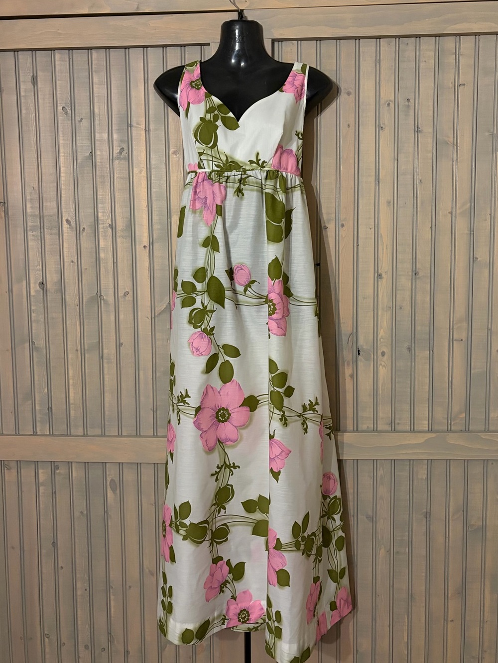 Vintage 1970s Floral Maxi Dress Pink & Olive Botanical Print Boho